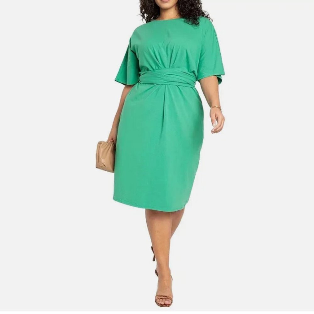 This NWT Eloquii Women's Plus Knot Front Pleated Skirt Dress in Gulf Coast Green